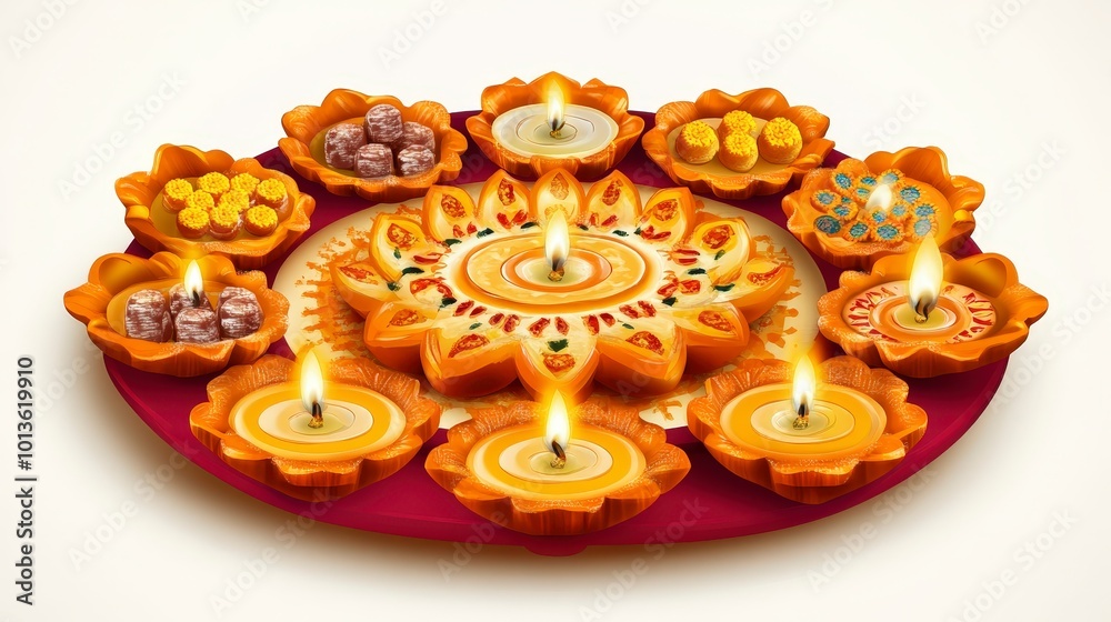 Festive plate with clay lamps and sweets for diwali celebration Festive plate with clay lamps and sweets for diwali celebration