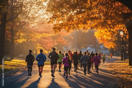 Friends and family participating in a charity run on Thanksgiving morning. 