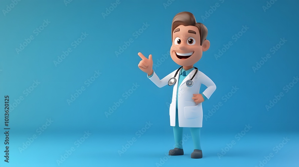 3d render. Doctor cartoon character wearing stethoscope and pointing up. Clip art isolated on blue background. Professional consultation. Medical concept. 3d render. Doctor cartoon character wearing stethoscope and pointing up. Clip art isolated on blue background. Professional consultation. Medical concept.