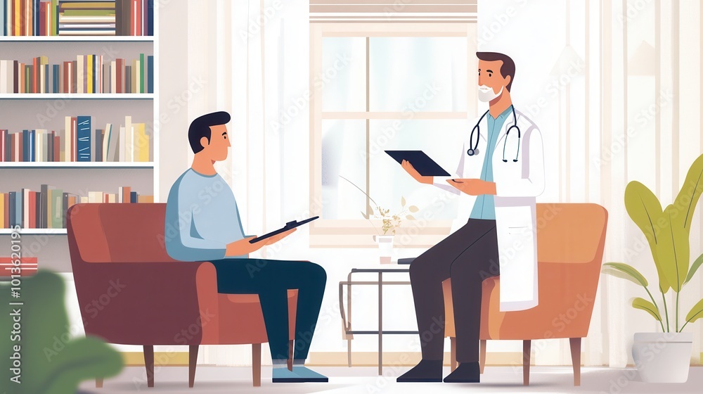 A doctor is discussing a diagnosis with a patient in a well-lit consultation room, providing important health information and support. Generative AI