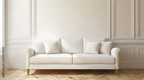 A white sofa with pillows sits in a white room with wood floors and molding.