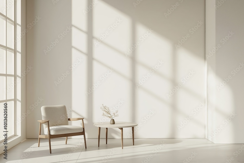 Cozy minimalist living room with natural light, a chair, table, and decorative plant Cozy minimalist living room with natural light, a chair, table, and decorative plant