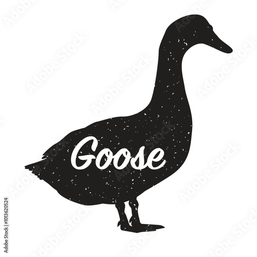 Black silhouette of a goose bird with an inscription "Goose". Vector illustration isolated on white background