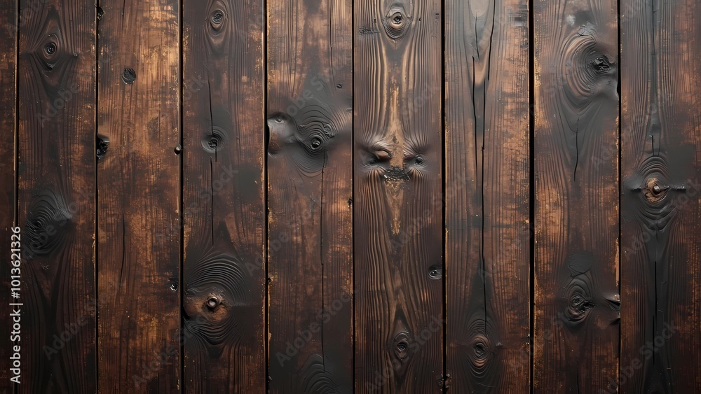 Wooden wall background featuring a rich dark brown stain, showcasing natural texture and warmth. generative ai Wooden wall background featuring a rich dark brown stain, showcasing natural texture and warmth. generative ai