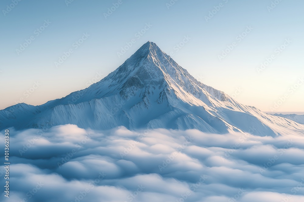 Majestic snow-capped mountain peak emerging above clouds at sunrise in a tranquil landscape Majestic snow-capped mountain peak emerging above clouds at sunrise in a tranquil landscape