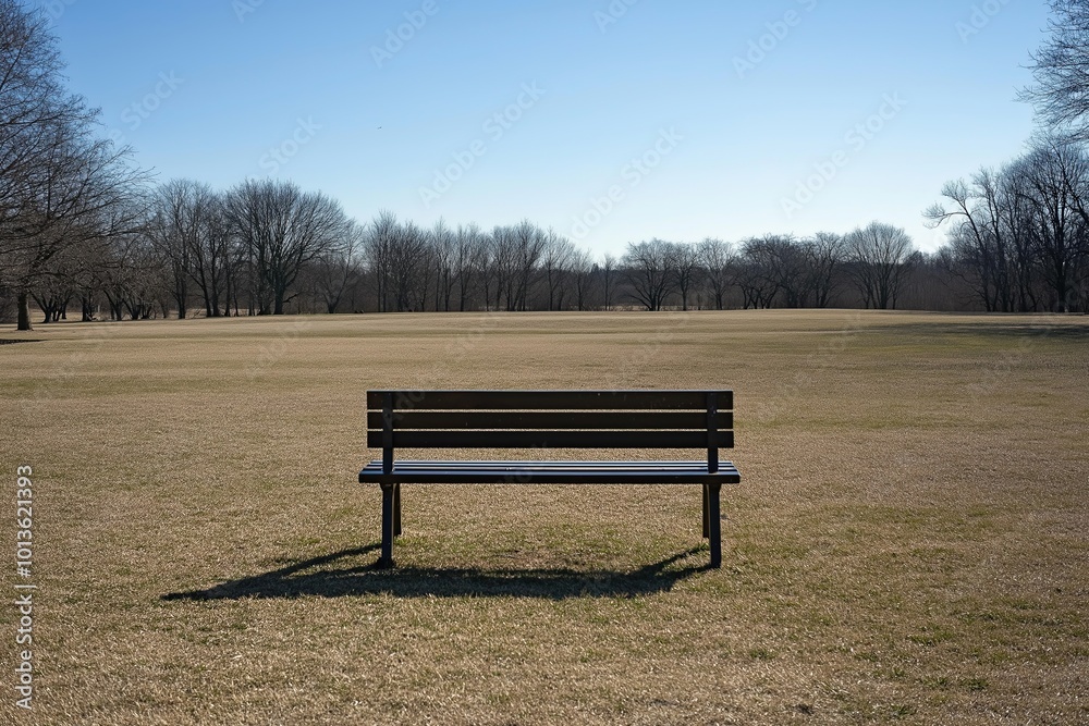 A solitary bench under clear blue skies in a tranquil park with bare trees and open fields A solitary bench under clear blue skies in a tranquil park with bare trees and open fields