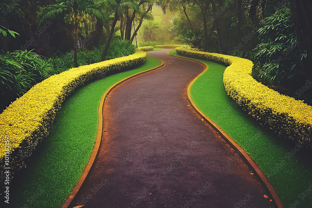 Obraz premium Serene winding path through a lush garden with vibrant yellow hedges in early morning light