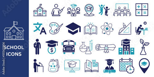 School Icon Set. School teacher, students, classroom, education, and knowledge icons Vector.