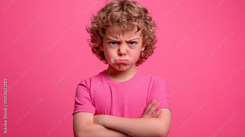 Young child expressing anger with crossed arms on pink background Young child expressing anger with crossed arms on pink background