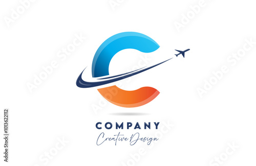 C corporate letter alphabet logo icon design with swoosh plane suitable for an air or aerospace travel company or business