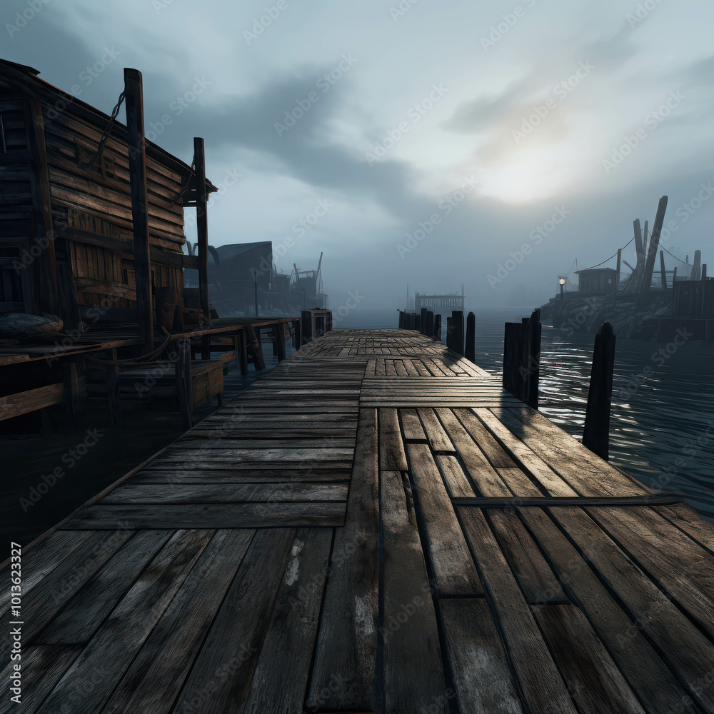 Obraz premium Weathered Wooden Docks the Water at Dusk