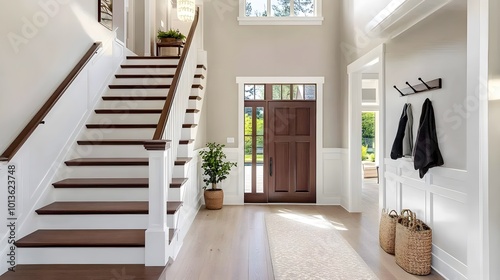 Bright and airy entry foyer with a white staircase, light hardwood flooring, and a dark walnut front door