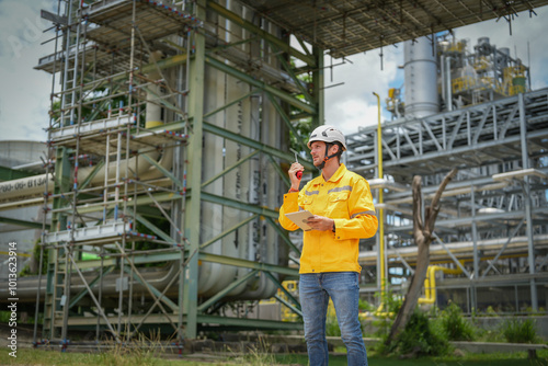 Wallpaper Mural portrait oil refinery worker wears safety and harthat, holding tablet computer and walkie talkie inspection at oil refinery Torontodigital.ca