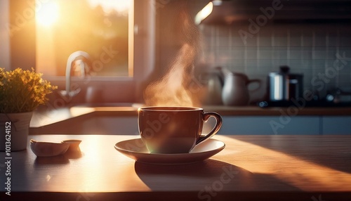 cup of coffee on the table, cup of coffee on table, cup of coffee, cup of coffee on a table, cup of coffee on table, steaming cup of coffee sits on a kitchen counter with soft morning sunlight illumin photo