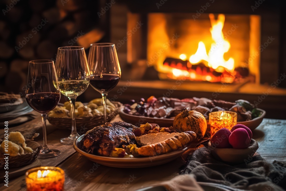 A cozy Thanksgiving dinner by the fireplace. A cozy Thanksgiving dinner by the fireplace.