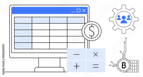 A computer screen displaying a financial spreadsheet, dollar symbol, calculation symbols, gear icon with people, and a Bitcoin symbol. Ideal for finance, business, technology, cryptocurrency