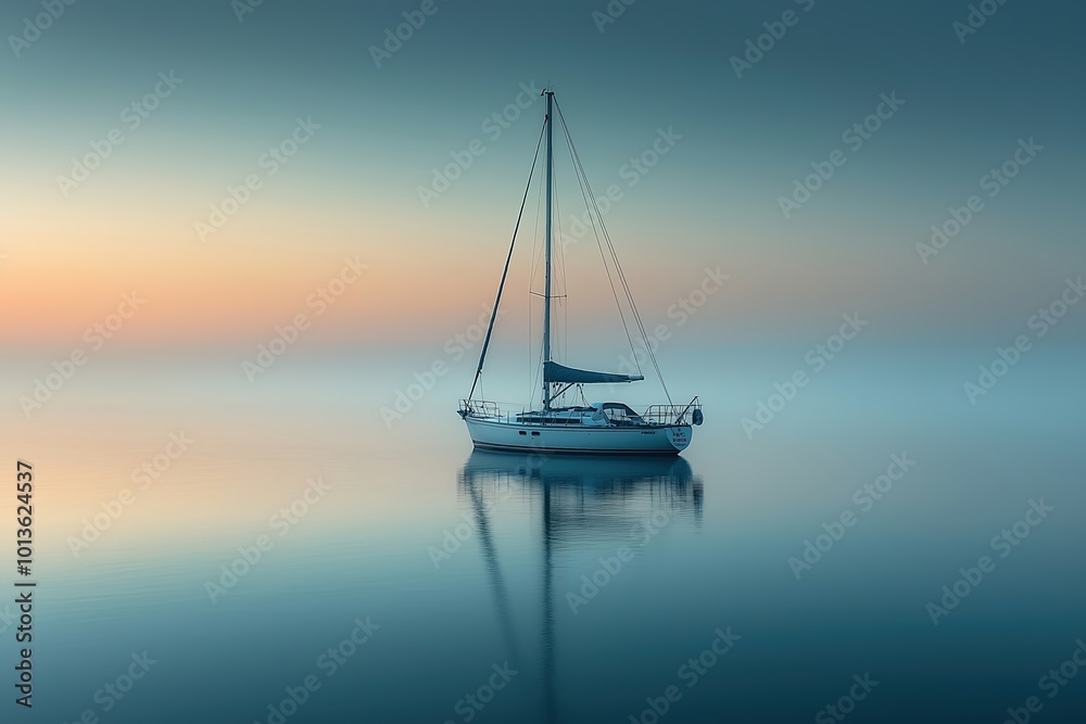Fototapeta premium A peaceful sailboat drifting gently on calm waters at sunrise