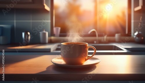 cup of coffee on the table, cup of coffee on table, cup of coffee, cup of coffee on a table, cup of coffee on table, steaming cup of coffee sits on a kitchen counter with soft morning sunlight illumin photo