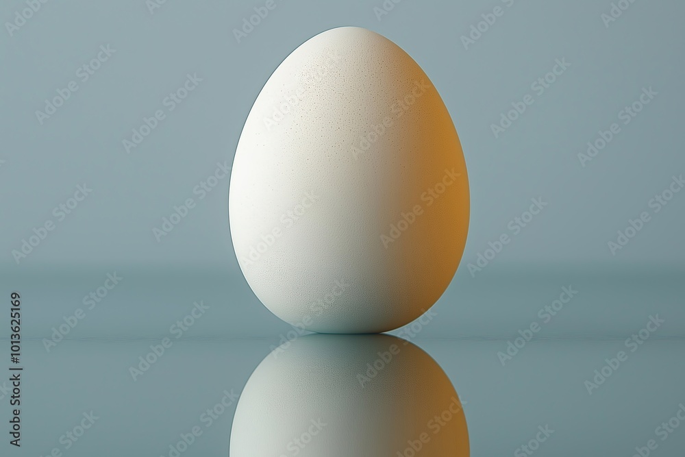 Simple white egg on a reflective surface with soft lighting showcasing its smooth texture Simple white egg on a reflective surface with soft lighting showcasing its smooth texture