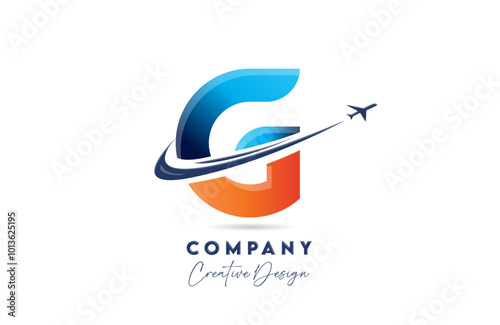 G corporate letter alphabet logo icon design with swoosh plane suitable for an air or aerospace travel company or business