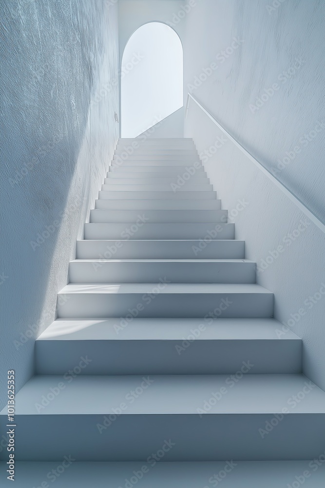 A modern, minimalist staircase leading to a bright archway in a serene white environment A modern, minimalist staircase leading to a bright archway in a serene white environment