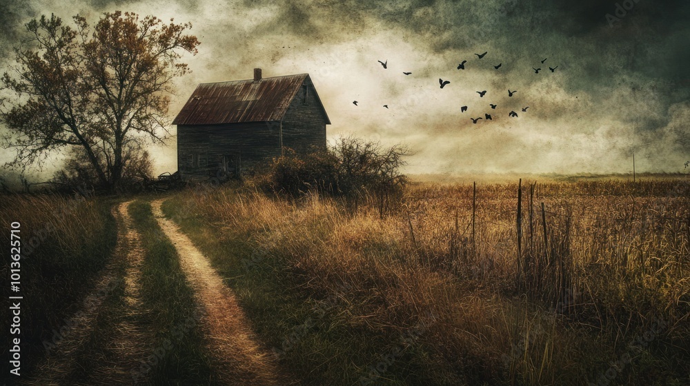 Abandoned Farmhouse on a Cloudy Day with Birds Flying Overhead Abandoned Farmhouse on a Cloudy Day with Birds Flying Overhead