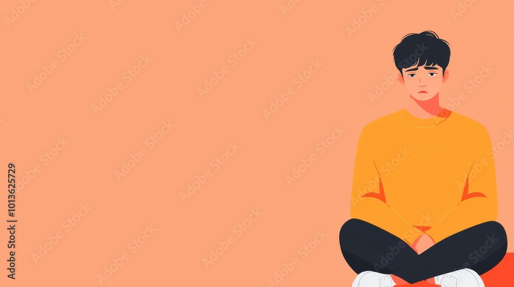 Teen staring at the ground, lost in thought, sadness in eyes, flat design illustration, copy space for text, Teen staring at the ground, lost in thought, sadness in eyes, flat design illustration, copy space for text,