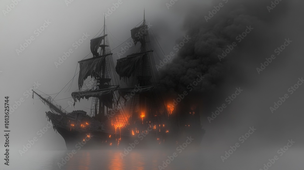 Obraz premium Ghostly pirate ship engulfed in flames and smoke on misty waters