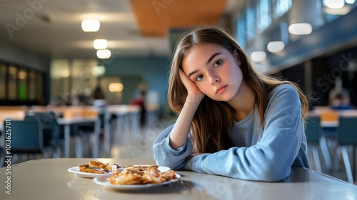 Teenage girl sitting alone in a cafeteria, untouched food on the table, head resting in hand, lost in thought, sense of isolation, selective focus on foreground, ultra HD,