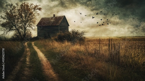 Abandoned Farmhouse on a Cloudy Day with Birds Flying Overhead