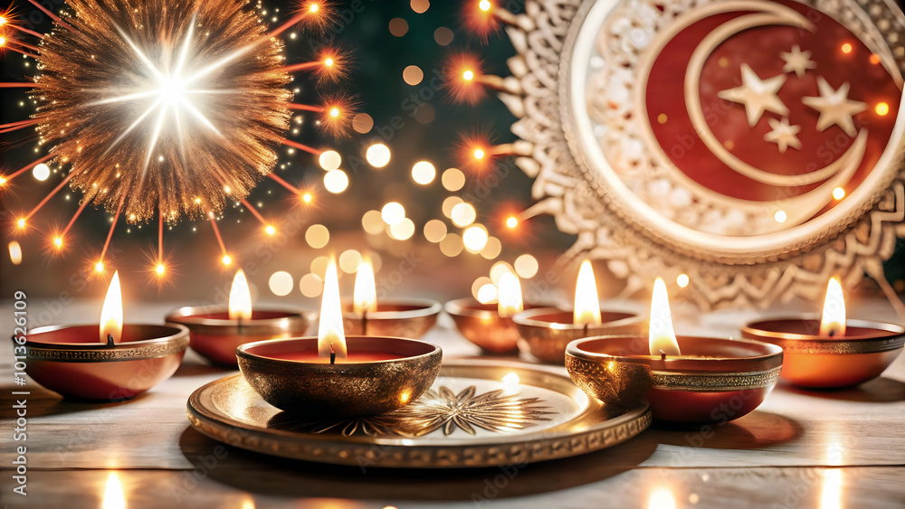 Abstract Vector Design of Glowing Diwali Fireworks and Crescent Moon Isolated on White Background - Modern Minimalistic Festivity Art Concept Abstract Vector Design of Glowing Diwali Fireworks and Crescent Moon Isolated on White Background - Modern Minimalistic Festivity Art Concept