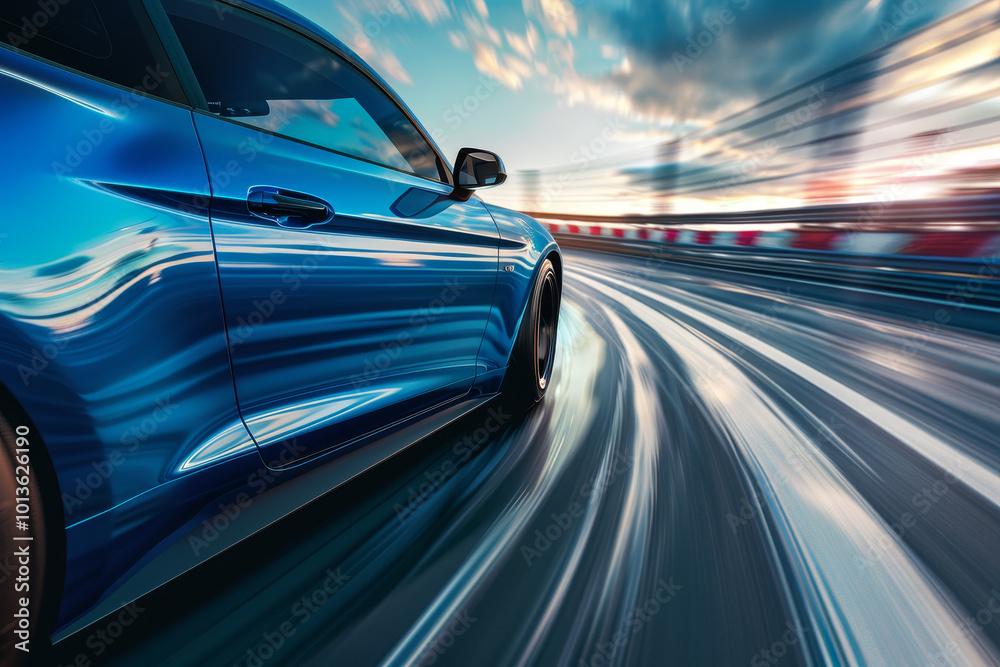 A blue car is speeding down a road A blue car is speeding down a road