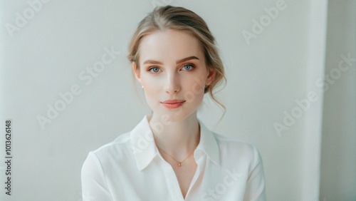 A young woman with blonde hair and blue eyes is wearing a white shirt and looking directly at the camera. She is smiling softly.