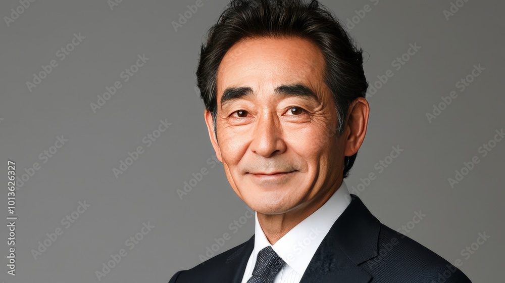 Japanese man with a focused gaze, wearing a business suit, cool-toned office lighting Japanese man with a focused gaze, wearing a business suit, cool-toned office lighting