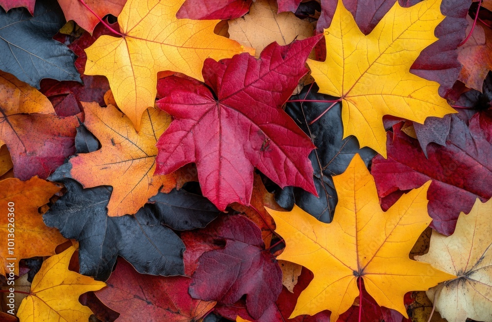 A vibrant close-up of autumn leaves in rich red, orange, and yellow hues on the ground A vibrant close-up of autumn leaves in rich red, orange, and yellow hues on the ground