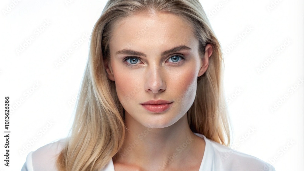 Fototapeta premium Close-up portrait of a beautiful young woman with blonde hair and blue eyes looking directly at the camera.