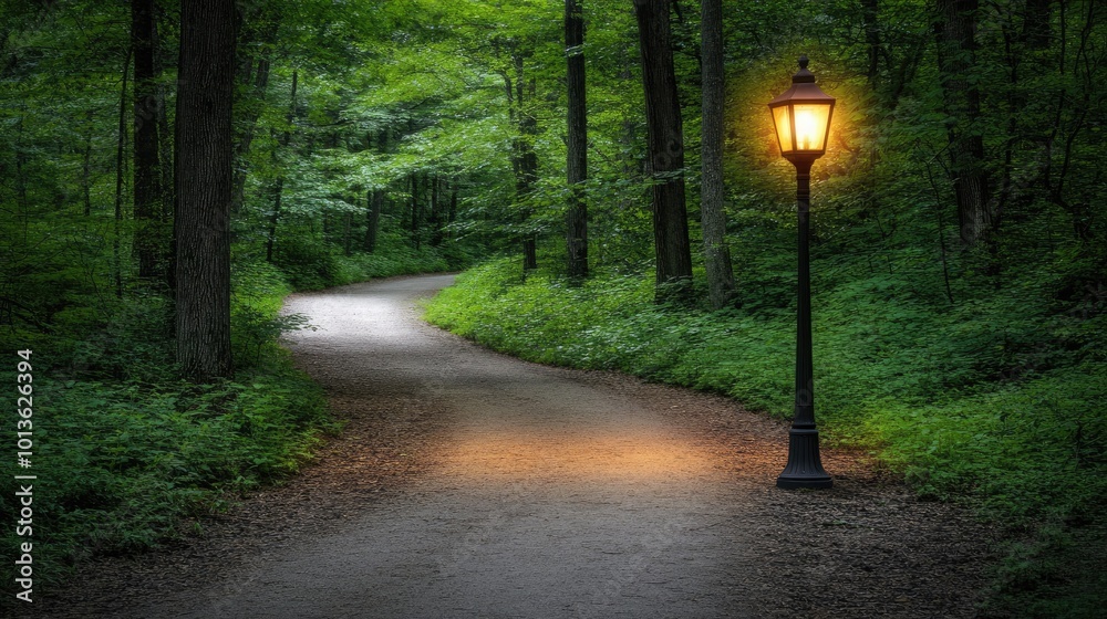 Fototapeta premium A winding path through a serene forest is softly illuminated by a glowing lantern, creating a warm ambiance amidst the dark trees at night