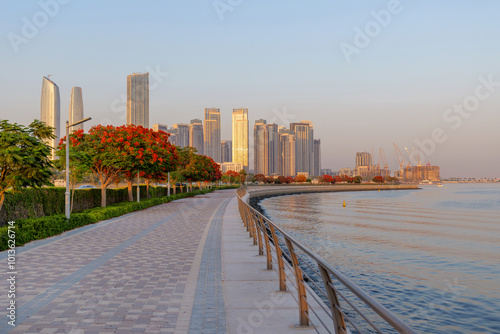 Photography beautiful embankment with flowering trees overlooking the Dubai creek harbour at