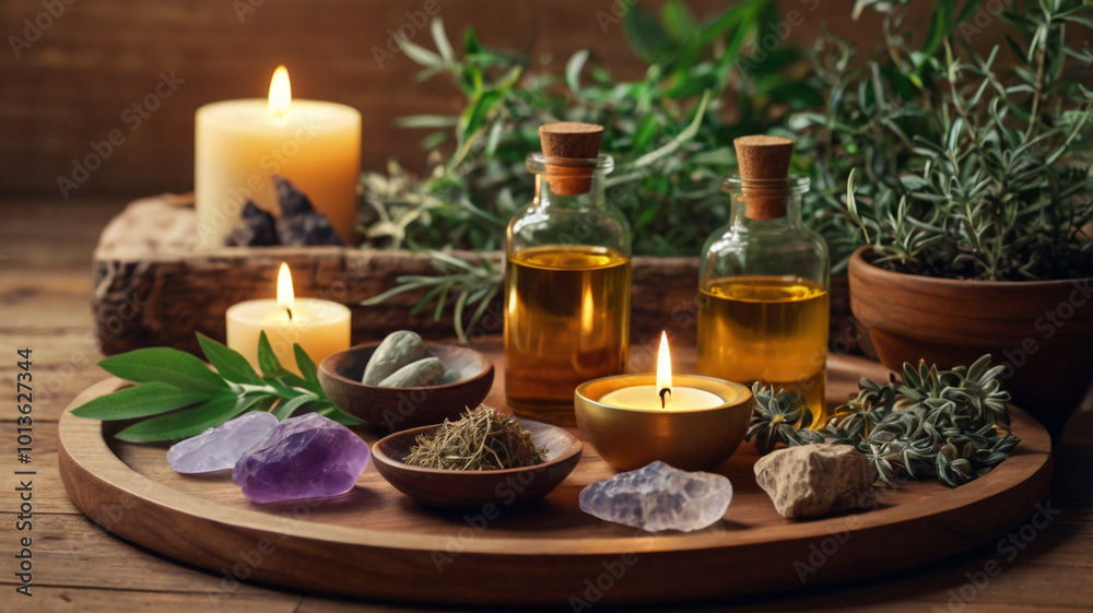 Natural Oils and Poultices on Wooden Tray Display Natural Oils and Poultices on Wooden Tray Display