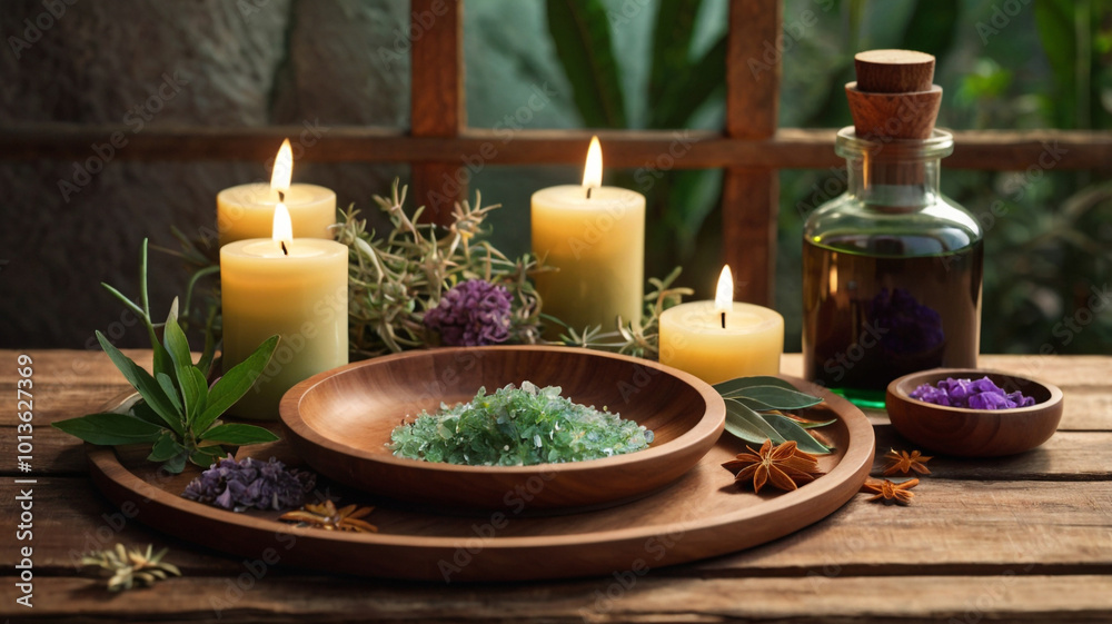 Natural Oils and Poultices Arrangement on Wooden Table