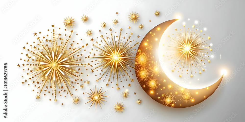 Abstract Vector of Diwali Fireworks with Glowing Bursts and Crescent Moon Isolated on White Background - Modern Minimalistic Festive Design Abstract Vector of Diwali Fireworks with Glowing Bursts and Crescent Moon Isolated on White Background - Modern Minimalistic Festive Design