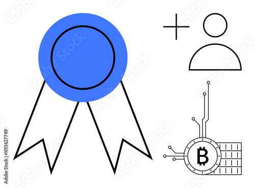 Large blue ribbon, user addition icon, and Bitcoin symbol connected to digital circuits. Ideal for recognition of achievements online identification cryptocurrency and technology awards financial