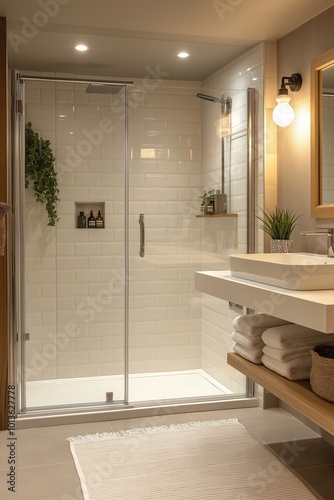 Modern bathroom with glass shower, white tiles, and elegant decor in a cozy, well-lit space