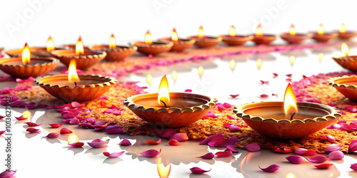 3D Glossy Diwali Diyas Along a Pathway with Glowing Flower Petals: Serene Festival Background Image Symbolizing Diwali Celebrations and Joy photo