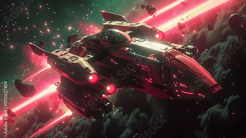 Fototapeta Naklejka Na Ścianę i Meble -  A high-tech spaceship navigating through an asteroid field with glowing red thrusters, evoking an intense sci-fi space battle scene