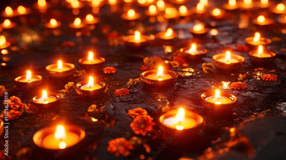 Glowing candles and flowers create a peaceful and spiritual atmosphere Glowing candles and flowers create a peaceful and spiritual atmosphere