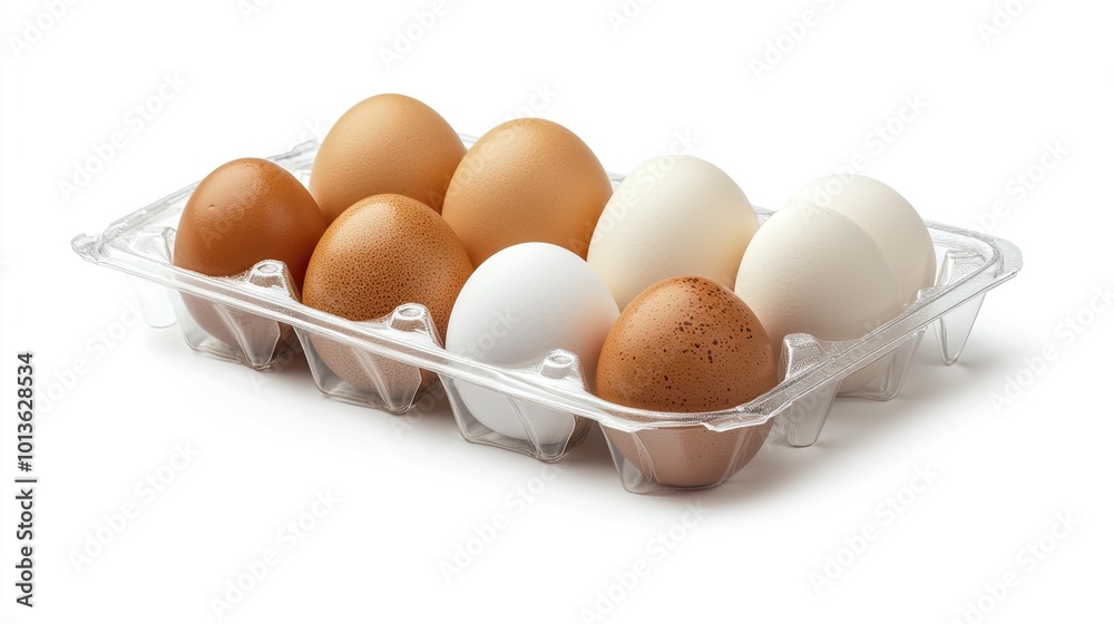 A close-up of brown and white eggs in a transparent carton, set against a white background. The packaging showcases the eggs smooth texture and farm-fresh quality. A close-up of brown and white eggs in a transparent carton, set against a white background. The packaging showcases the eggs smooth texture and farm-fresh quality.