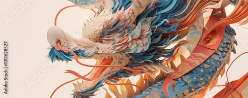 Detailed paper dragon sculpture assembled from layers of colorful paper, 4K hyperrealistic photo photo