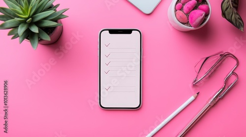 Smartphone with checklist on pink desk with office supplies photo