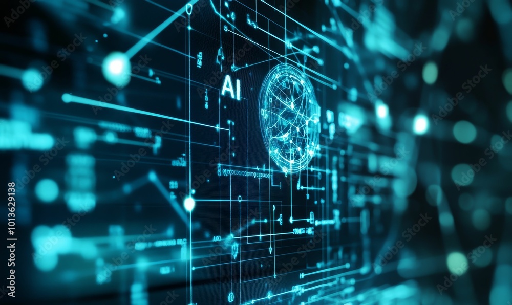 Obraz premium AI network data visualization on blue screen.